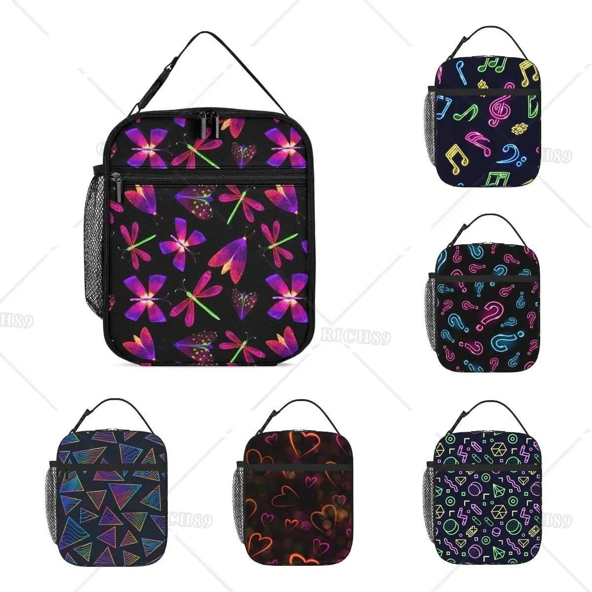 

Черная сумка для обеда Neon Butterfly Dragonfly, портативная вместительная коробка для завтрака, большая многоразовая сумка для обеда для мужчин и женщин сбоку.
