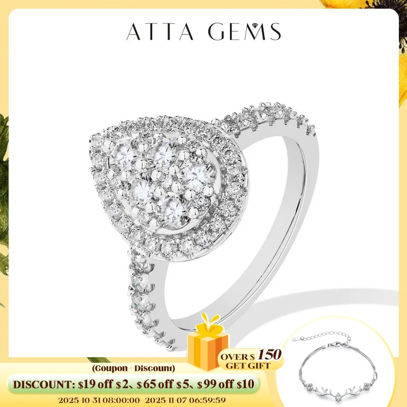 ATTAGEMS Round D VVS1 Moissanite Diamond Pear-Shaped Rings for Women S925 Sterling Silver Engagement Bride Vintage Jewelry Gifts