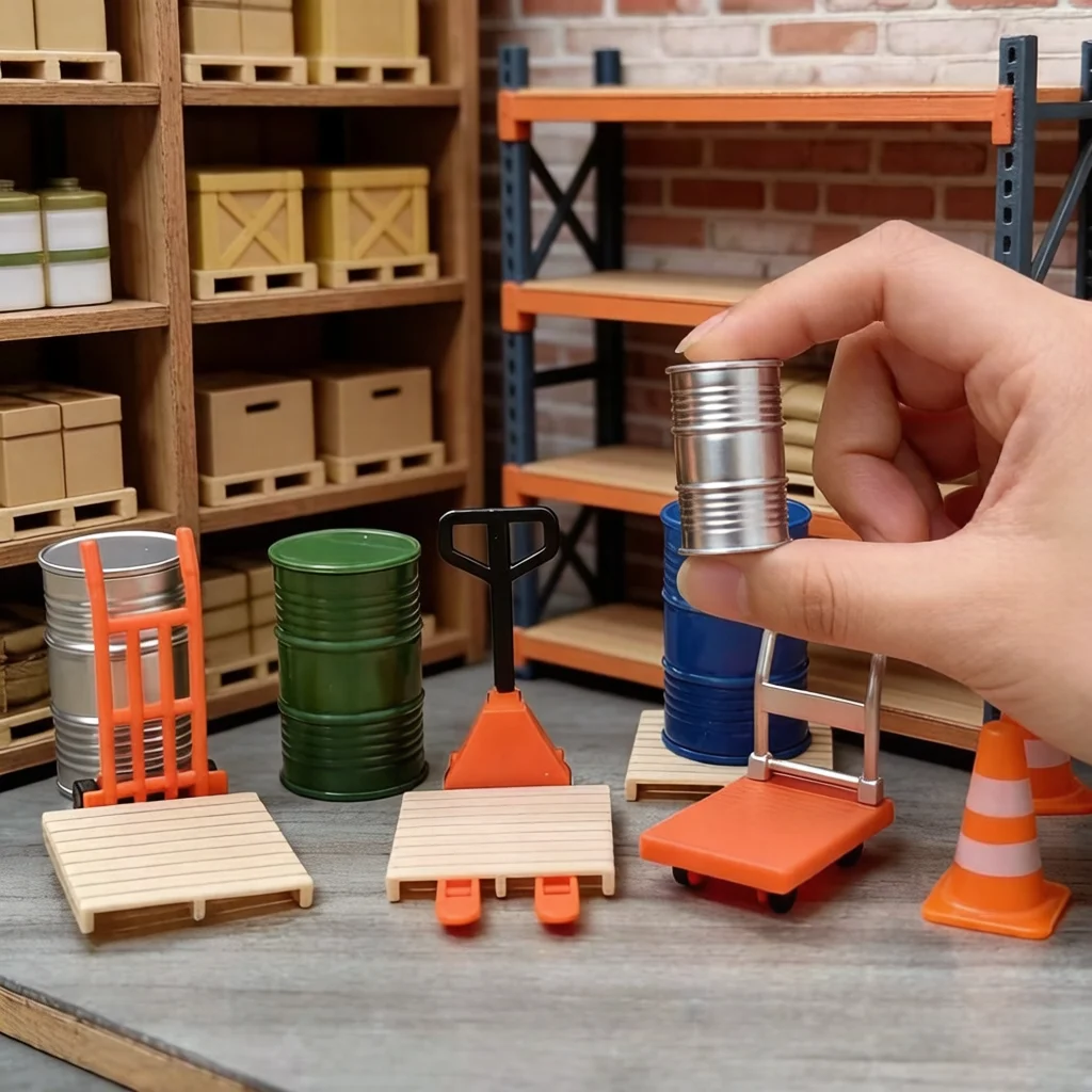 12 piezas de accesorios en miniatura para escenas de logística: Mini carrito de mano / montacargas / barril de aceite / paleta de madera / cono de tráfico.
