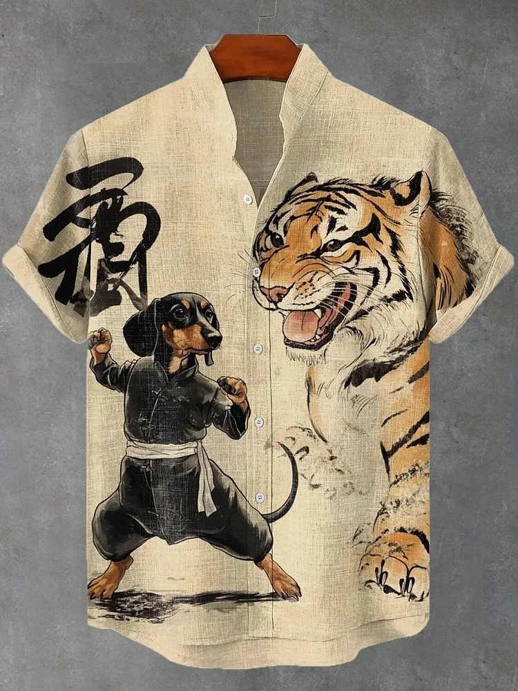 

Men's Single Breast Shirts Vintage Retro Dachshund And Tiger Art Print Casual Shirt Funny Holiday Stand Collar Y2K Harajuku Tops