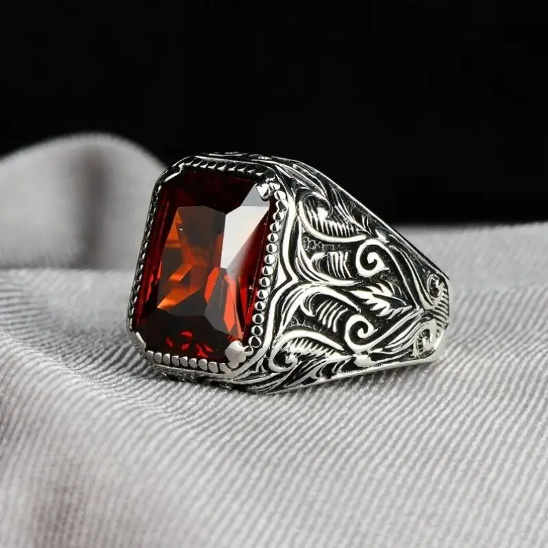 Retro Turkish Handmade Men Ring Vintage Carved Pattern Red Synthetic Zircon Rings Rock Punk Islamic Muslim Wedding Jewelry
