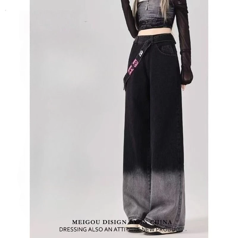 Side Zipper Design Sense Black Gradual Change Jeans Women's Spring Summer New High Waist Straight Loose Wide Leg Trousers Tide