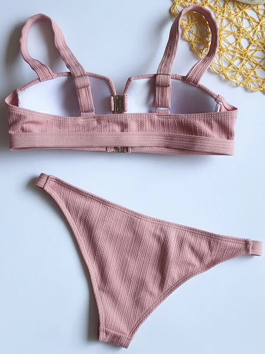 Bikini brasileño de realce para mujer, traje de baño con hebilla, traje de baño acanalado para mujer, conjunto de Bikini de dos piezas con copa de