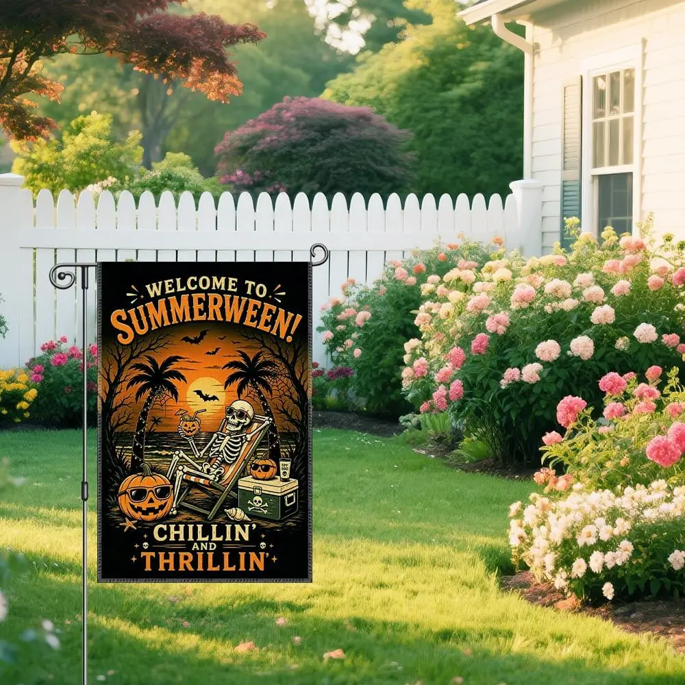 Summerween Skeleton Beach Halloween Garden Flag 12x18 Double Sided | Spooky Summer Pumpkin Yard Flag, Tropical Halloween Hom llp