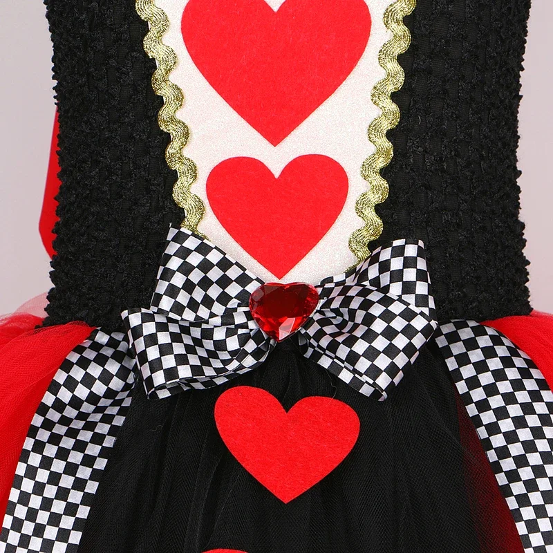 HN8 Red Queen of Hearts Costumes for Girls Alice Fancy Lined Tutu Dress Kids Halloween Christmas Party Outfit with Crown Mag)4Dc
