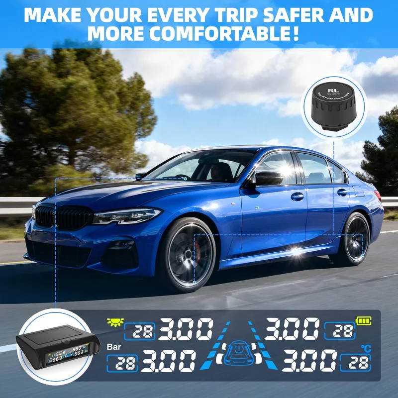 USB/Solar TPMS Temperature Monitor with 4 External Sensors Digital LCD Display 0-6.8Bar T21 Tire Pressure Gauge Car Tyre Monitor