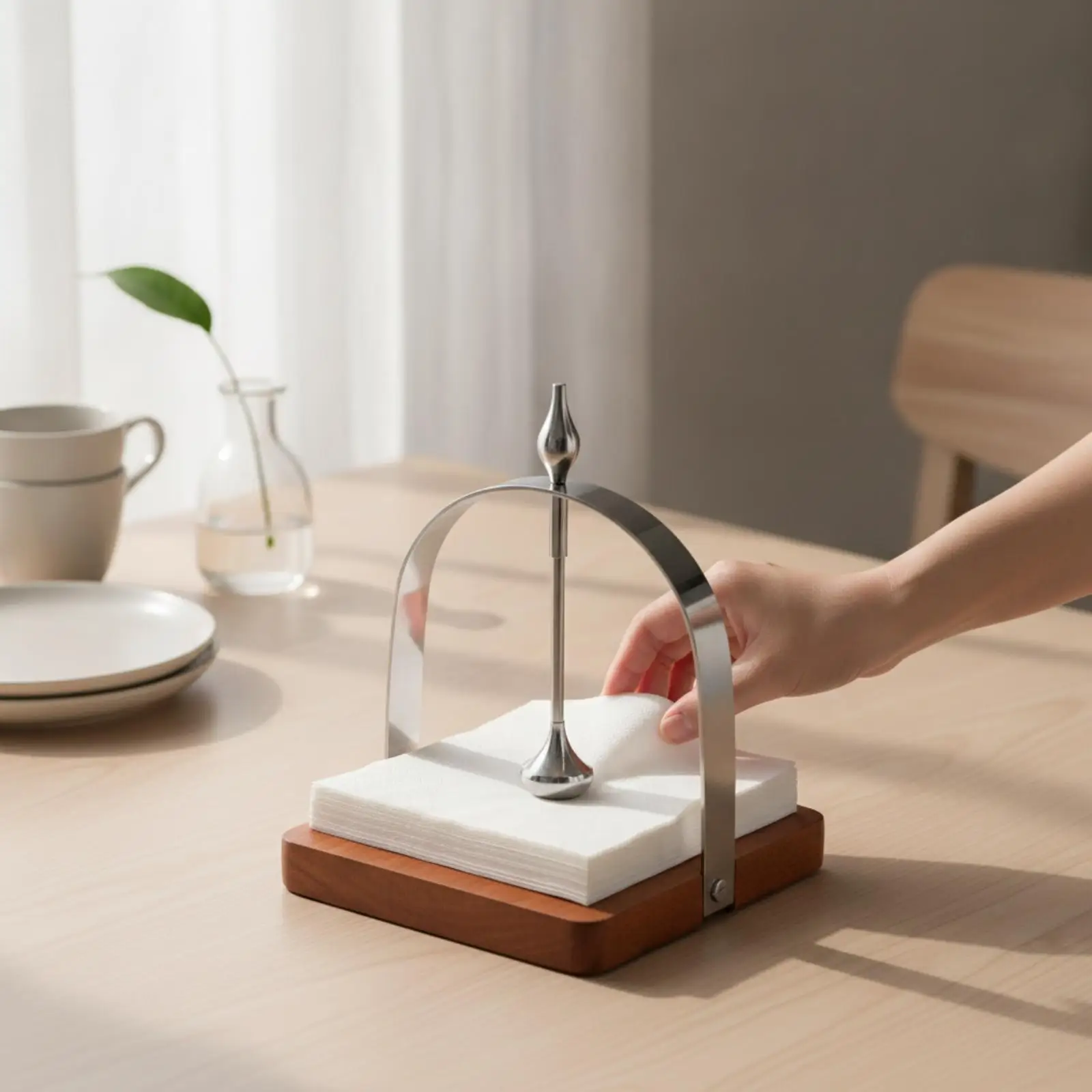 Elegant Wood and Stainless Steel Napkin Rack with Press Bar for Restaurant Tables Guest Entertaining Meal Service