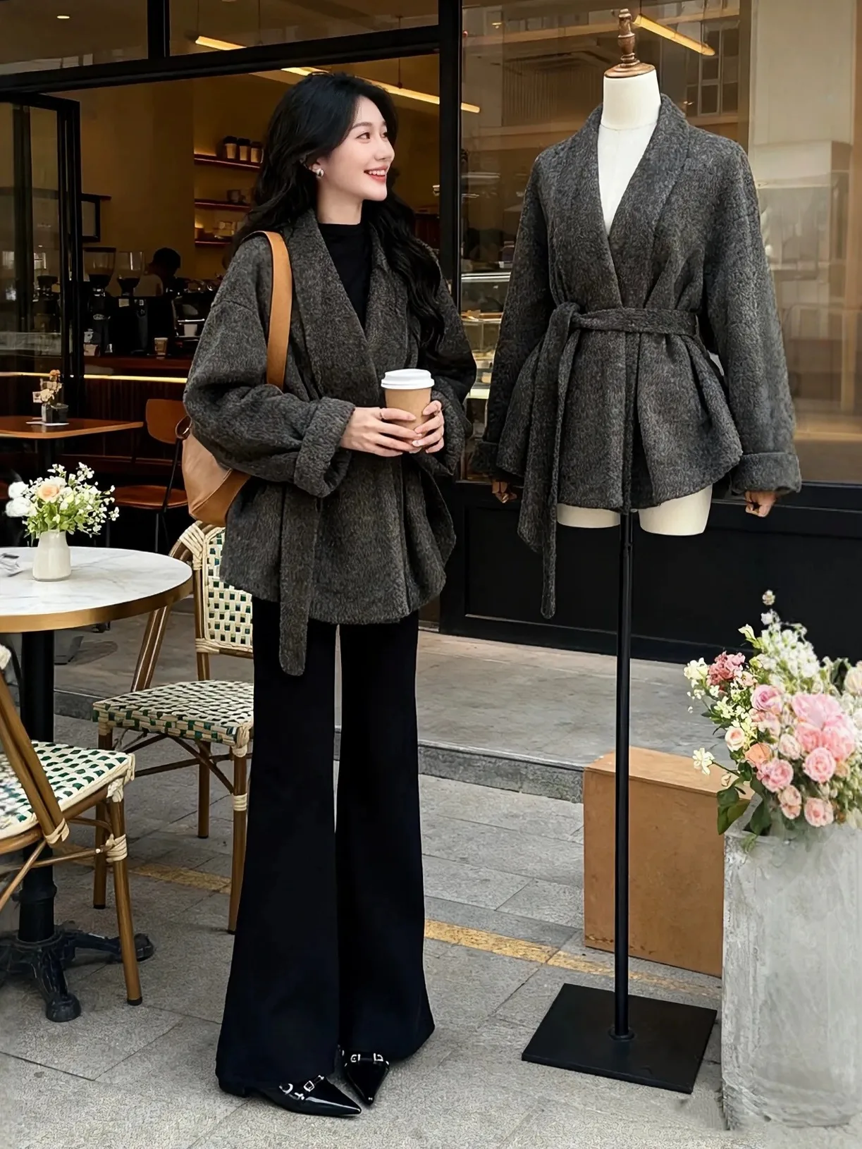 

Winter Warm Woolen Coat And Micro Flare Pants Set for plus Size Women Korean Sle High Waist Long Sve Button up Outfit