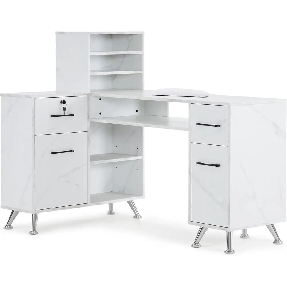 

L-Shaped Manicure Table with Drawers and Storage, 55.6L x 34.8W x 44H, White