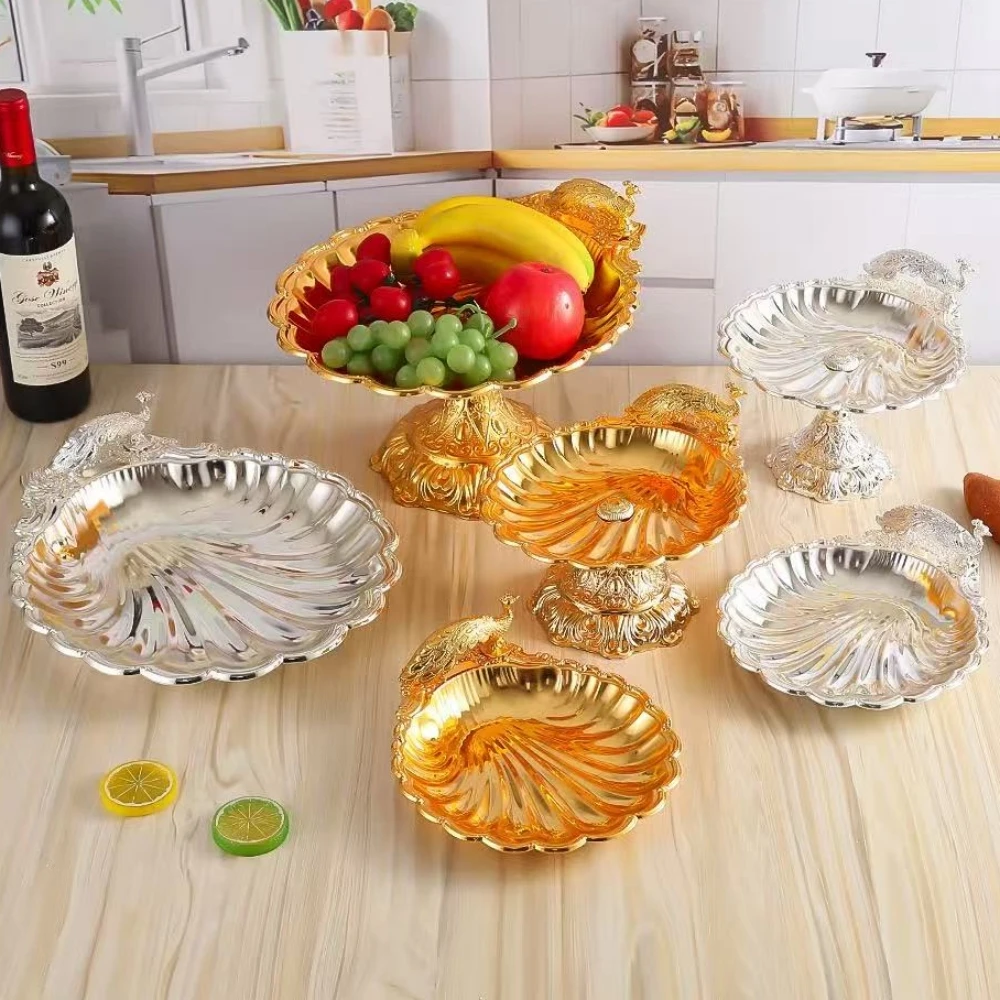 Multiple Sizes Peacock Shape Fruit Tray,Retro Alloy Engraving Shell Texture Home Cheese Food Plate,Snack Disc Table Decoration