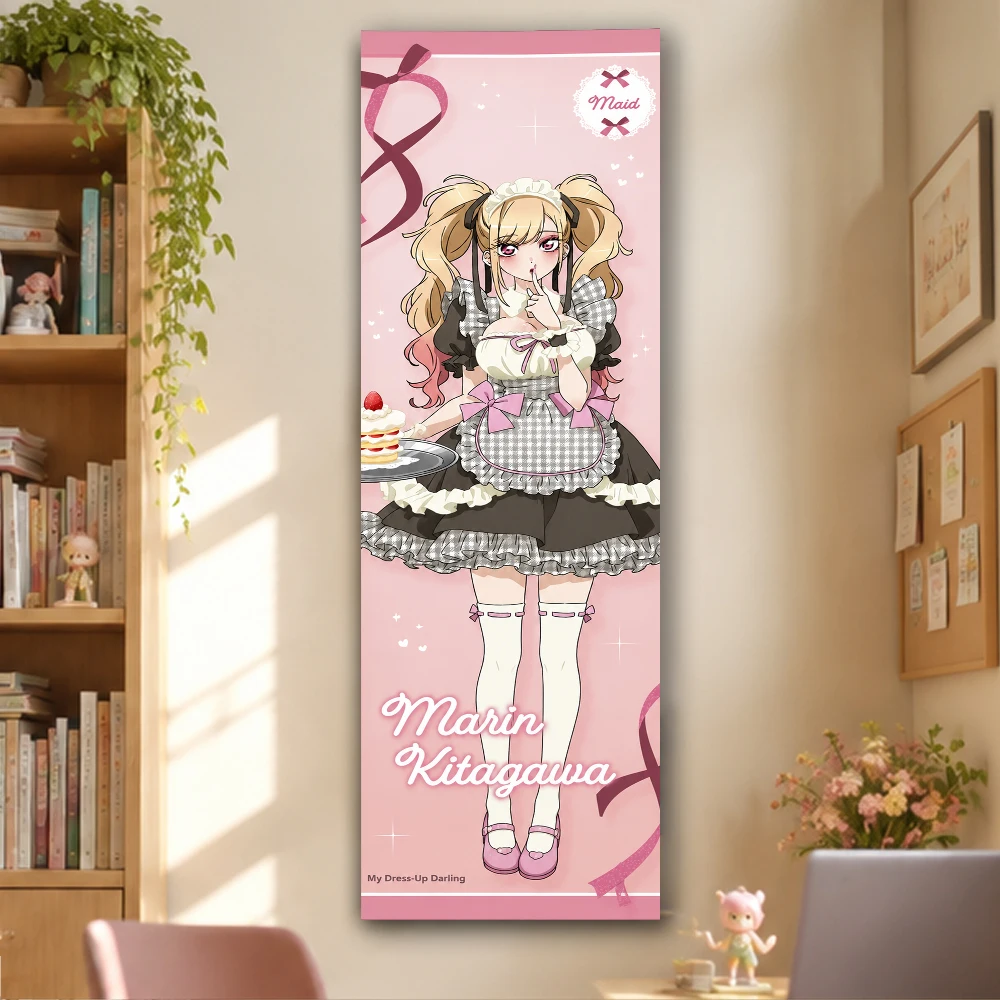 My Dress-Up Darling Marin Kitagawa Blonde Twin Tail Grey Plaid Maid Dress Cake Pink Background Vertical Anime Tapestry Otaku Roo