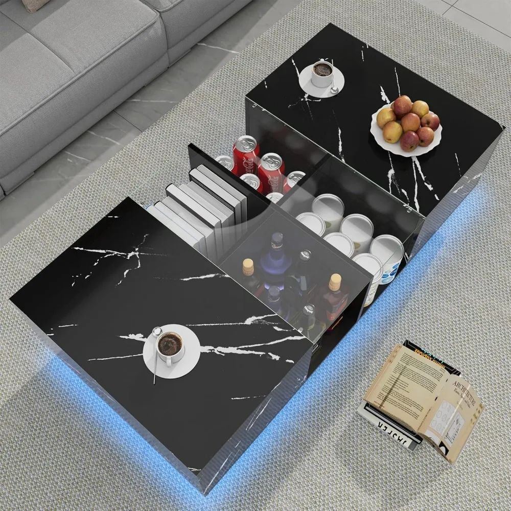 Coffee Table with Storage Space, LED Modern Rectangular Wooden Coffee Table, Artificial Marble Glass Center Table