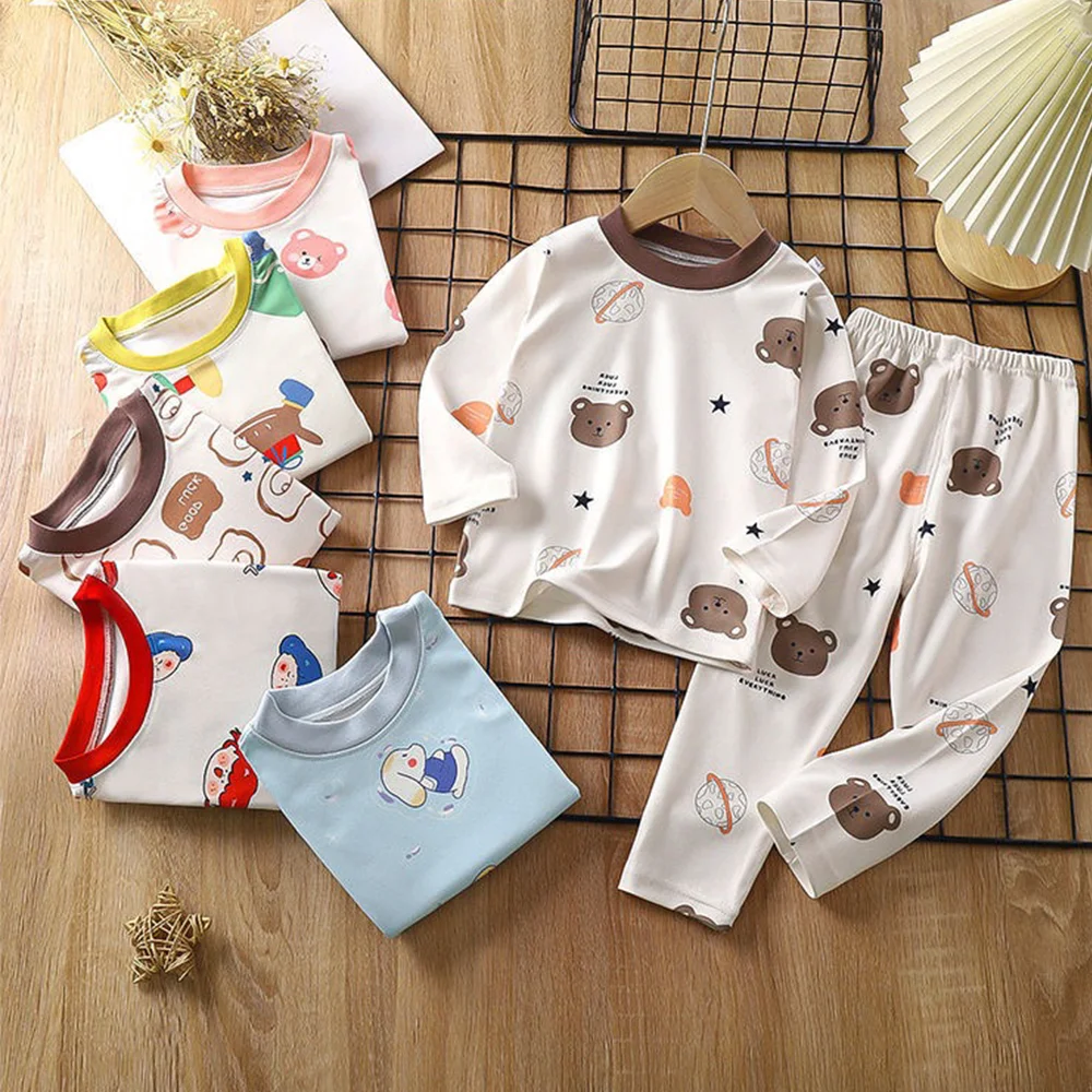 

Детский пижамный комплект, мягкие хлопковые пижамы с милыми мультяшными узорами, длинные штаны с длинными рукавами, детская модная домашняя одежда для сна