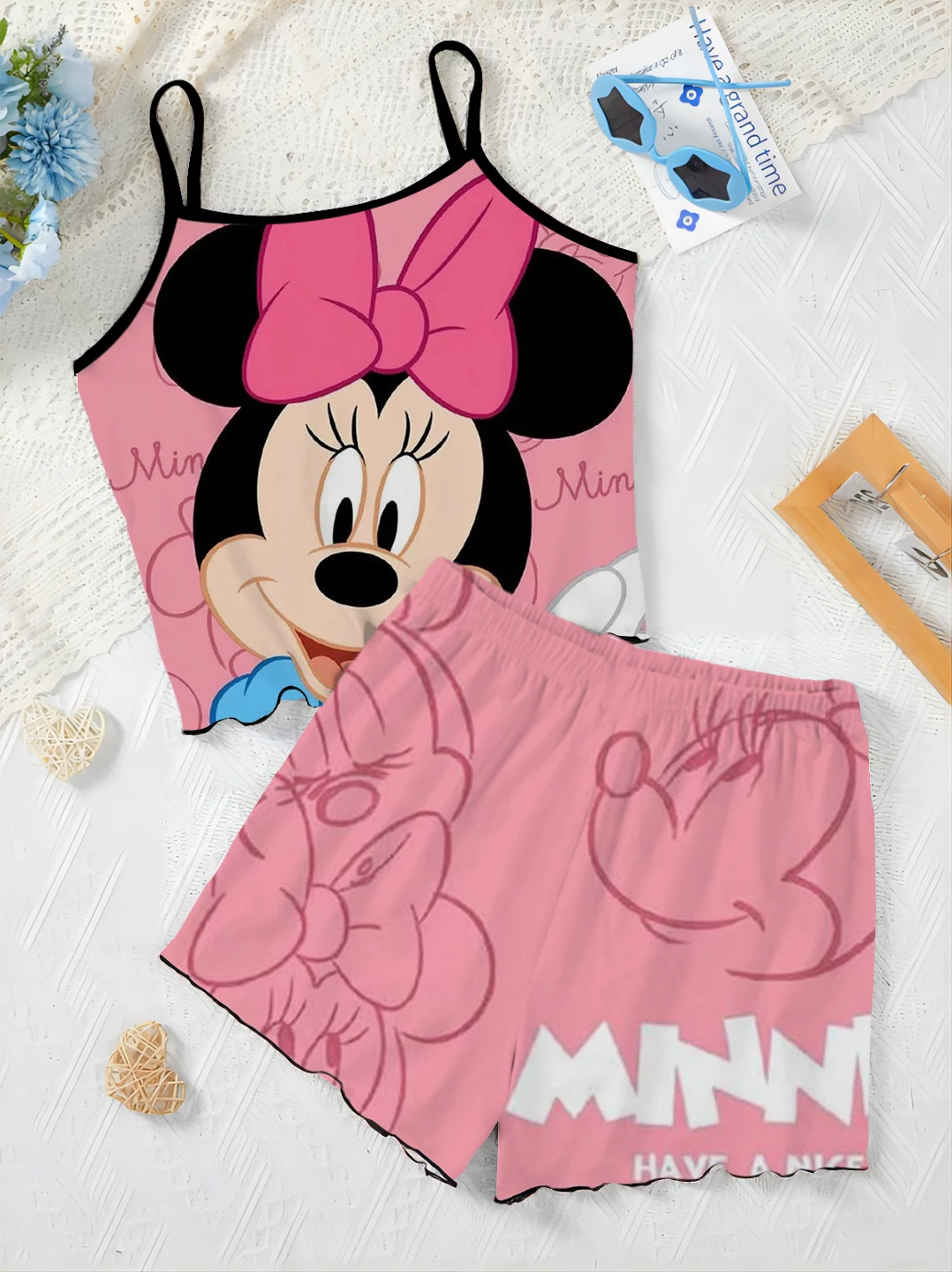 Disney-Ensemble T-shirt et jupe en laitue trempée pour femme, haut court, robe à enfiler, jupe pyjama, élégant, 2 pièces