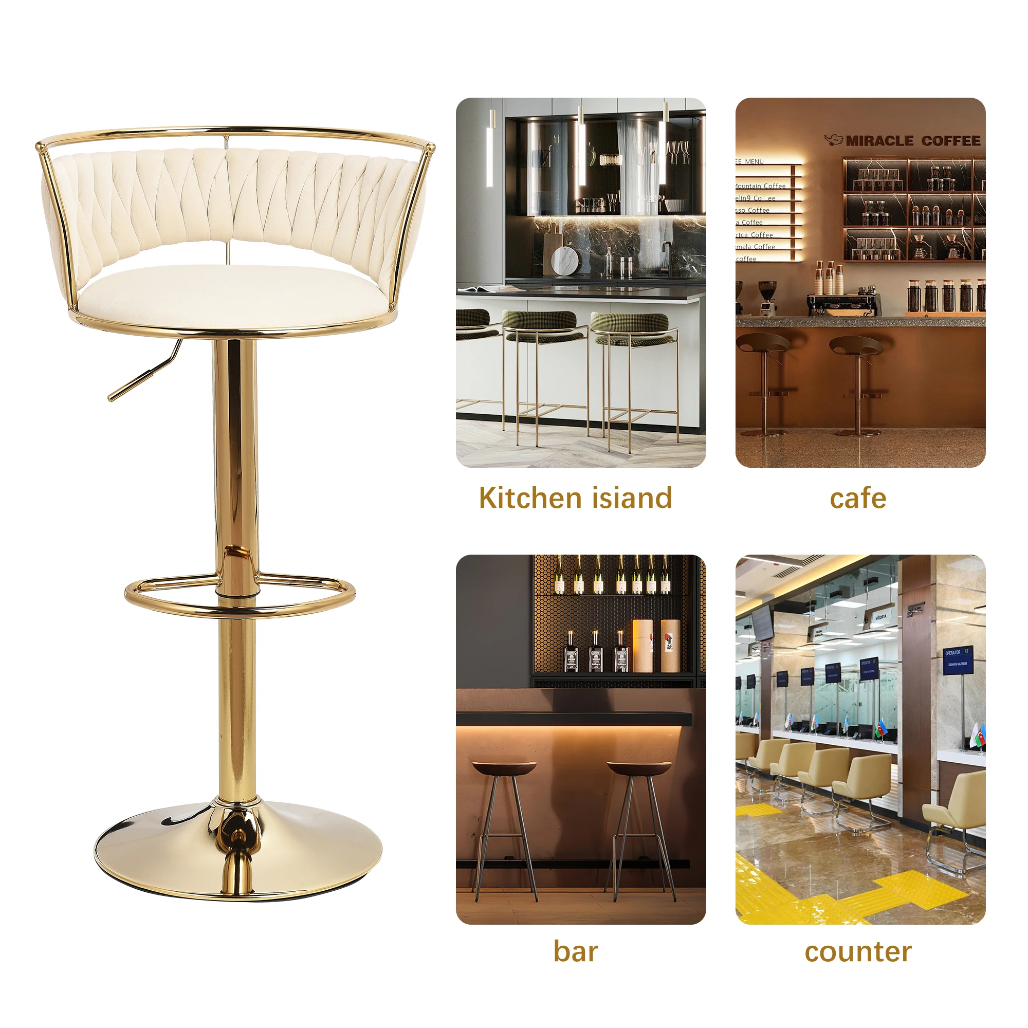 Juego de taburetes de bar de 2 piezas, silla, taburete de bar pequeño con respaldo, altura ajustable, taburete de mostrador de terciopelo y metal