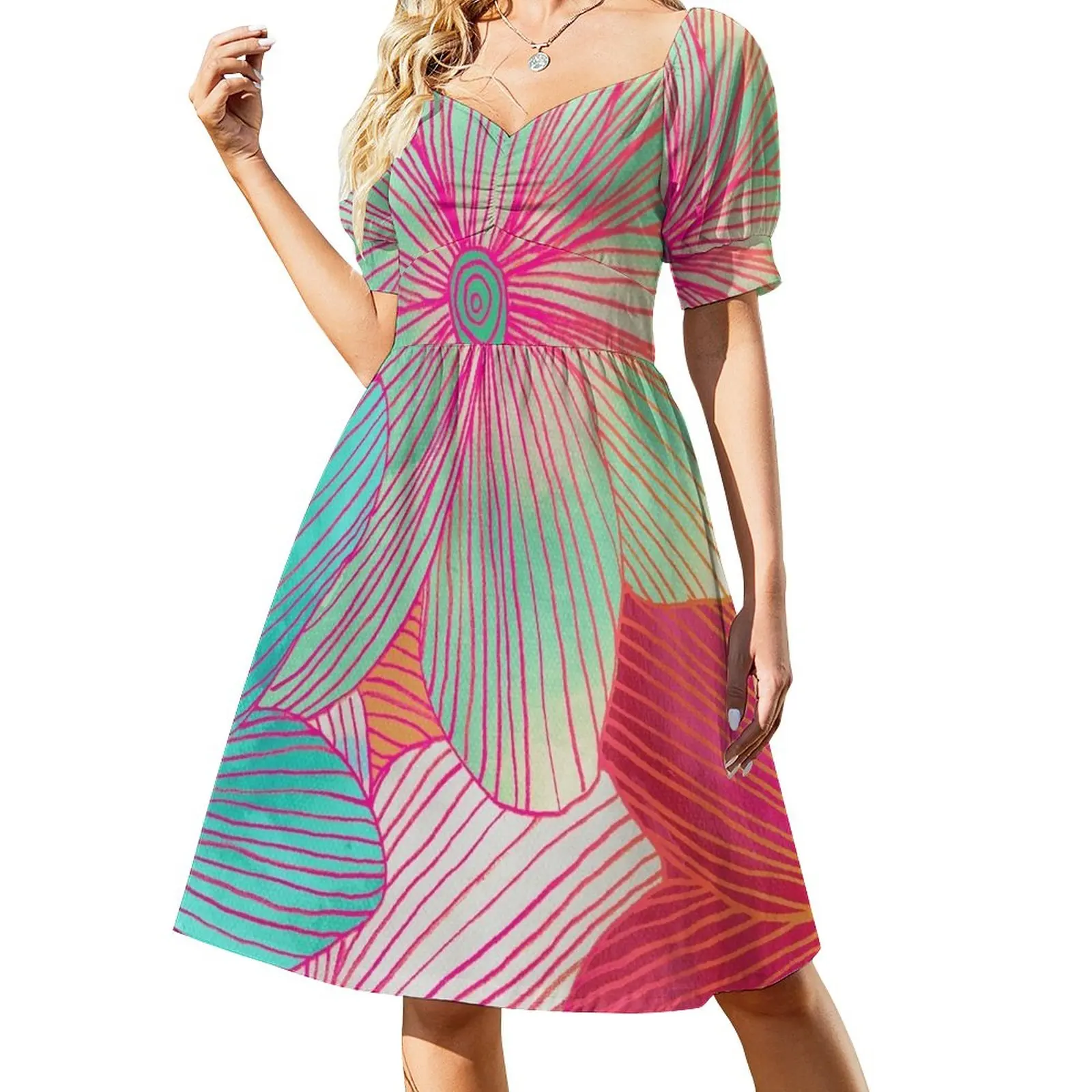 

Between the Lines - tropical flowers in pink, orange, blue & mint Sleeveless Dress dress for women Woman dresses