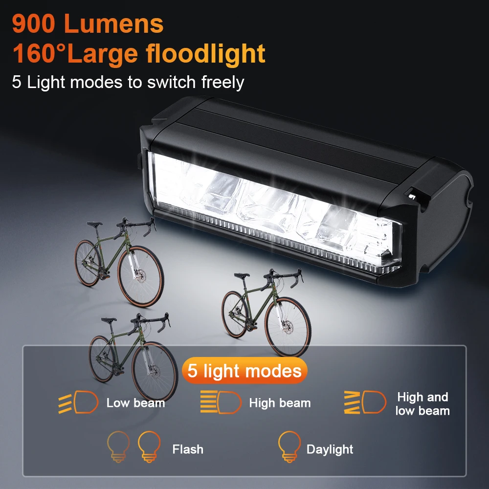 Rockbye Bicycle Headlight IPX5 Waterproof 900 Lumens Bike Front Flashlight Type-C Rechargable High Light Night Cycling Lamp