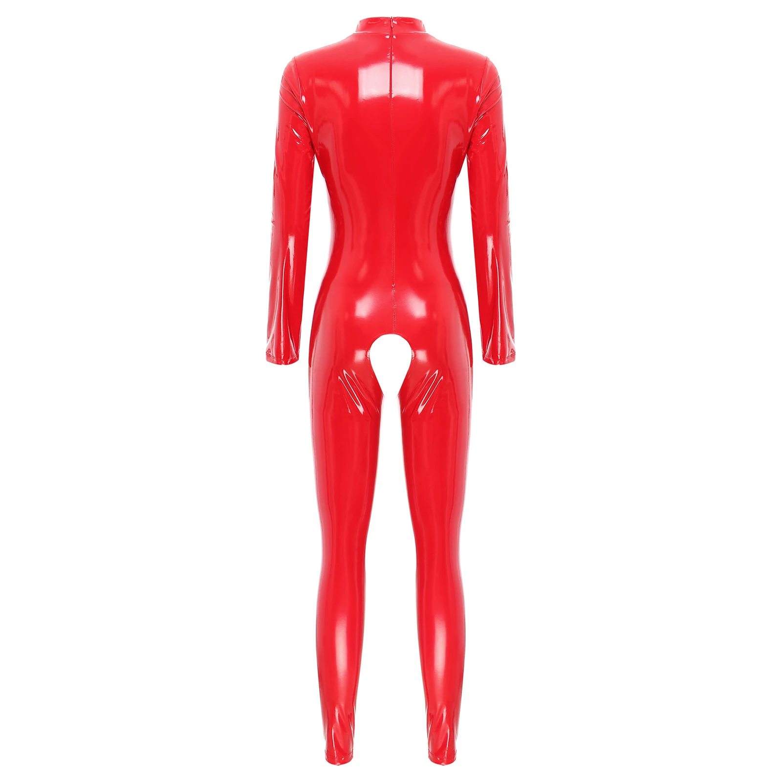 Latex Bodysuit for Sexy Womens Open Chest Crotchless Long Sleeve Catsuit Clubwear Mock Neck Zipper Back Patent Leather Bodysuit