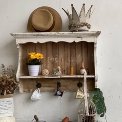 Decorative French Country Chic Vintage Wood White Wall Shelf with Hooks