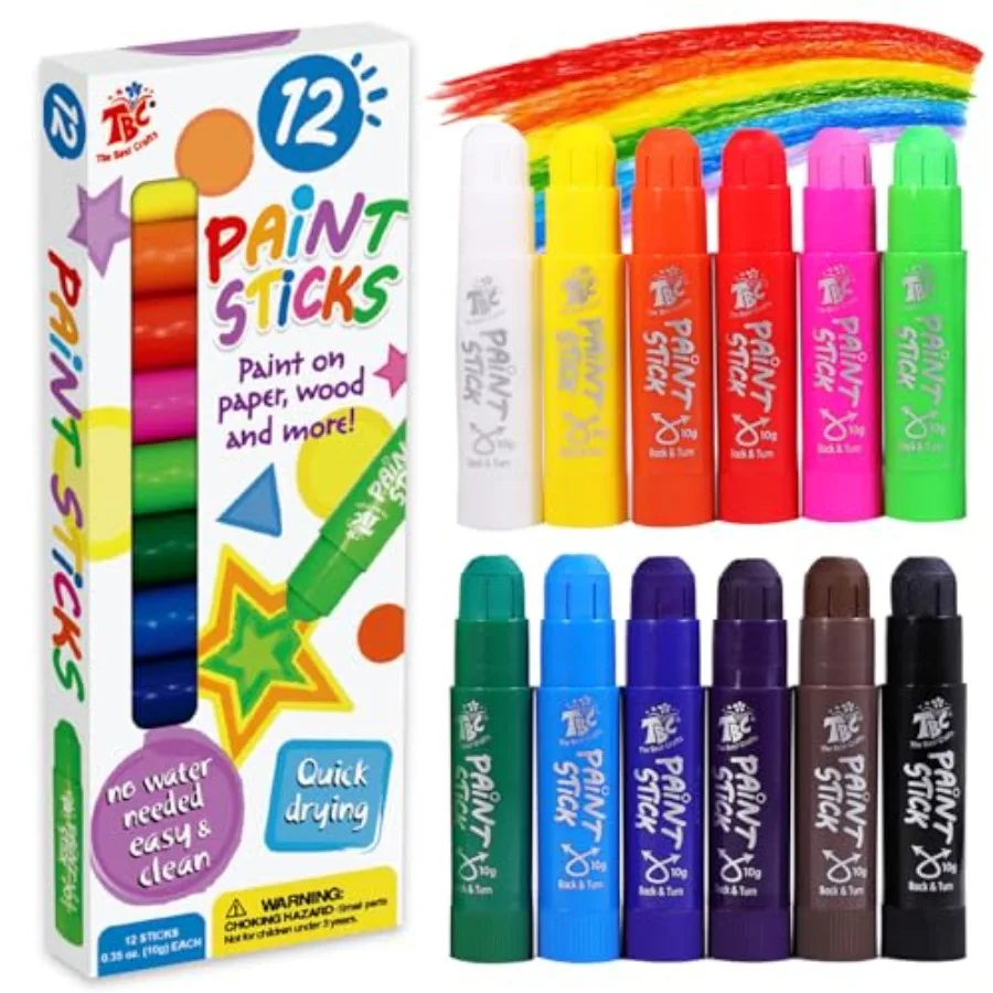 Paint Sticks for Ages 2-8, 12 Classic Colors, Washable, Non-toxic, Tempera Paint Sticks for Crafts, Art Supplies, and Birthday
