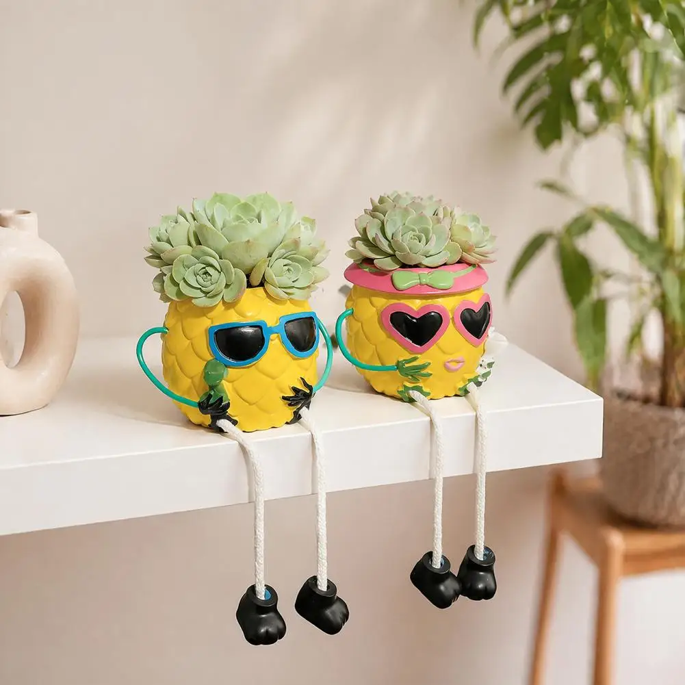 Cute Pineapple Flower Pot Resin Pineapple Tabletop Planter with Hanging Legs Pot Desktop Organizer Tropical Fruit Figurine for S
