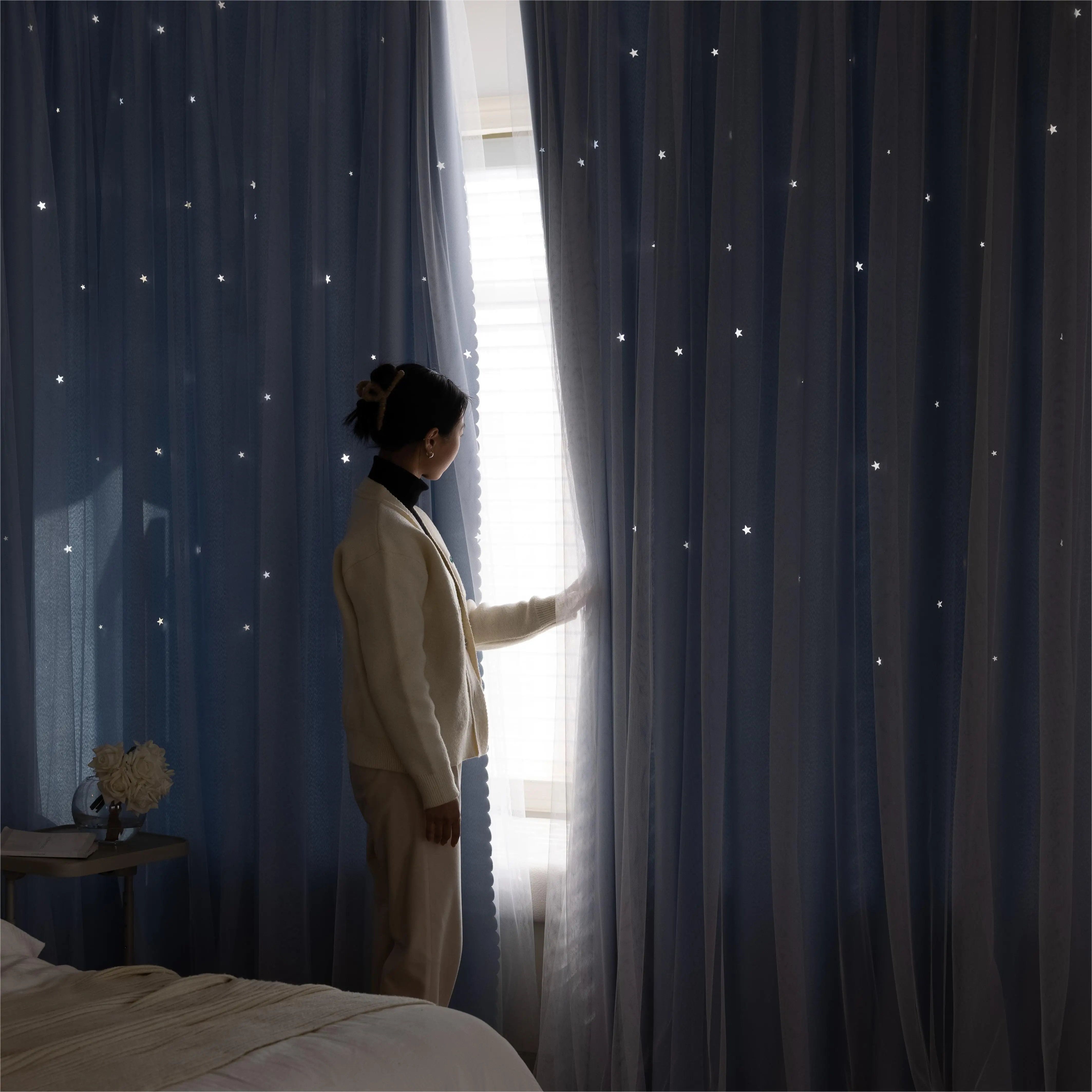 YanYangTian Star Gauze curtain Blackout Window Decorative curtain Princess bed Pink Living room hook punch Partition curtain