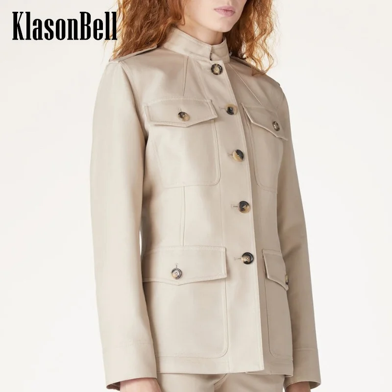 

8.28 KlasonBell-Women's Classic Vintage Multiple Cargo Pocket Jacket Epaulet Stand Collar Single Breasted Casual Outerwear