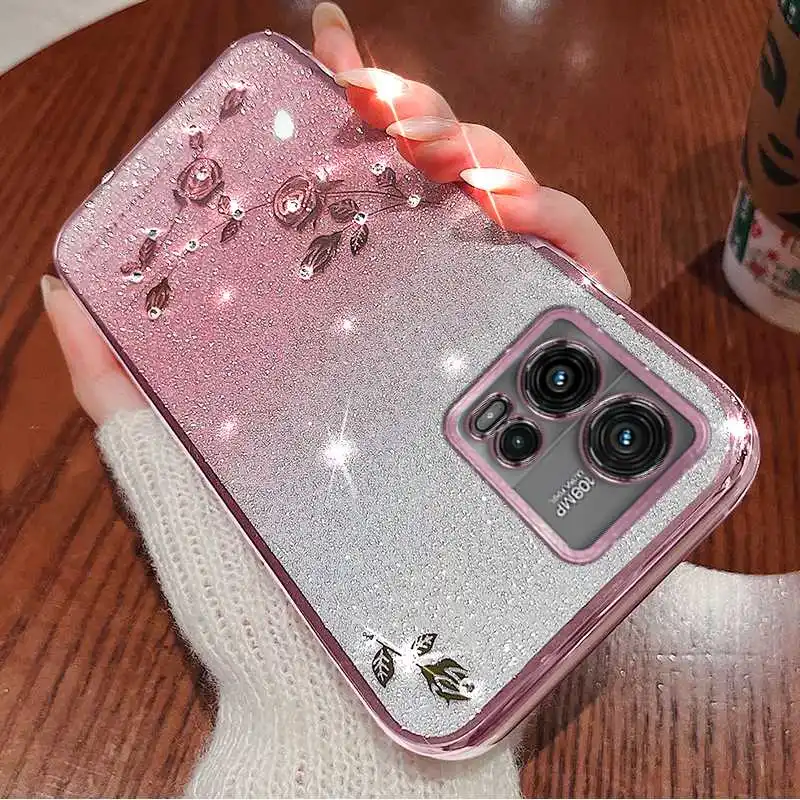 Floral Rhinestone Bling Soft Case For Motorola Moto G73 G53 G23 G13 G84 G82 G72 G71s G71 5G Flower Pattern Phone Case With Ring