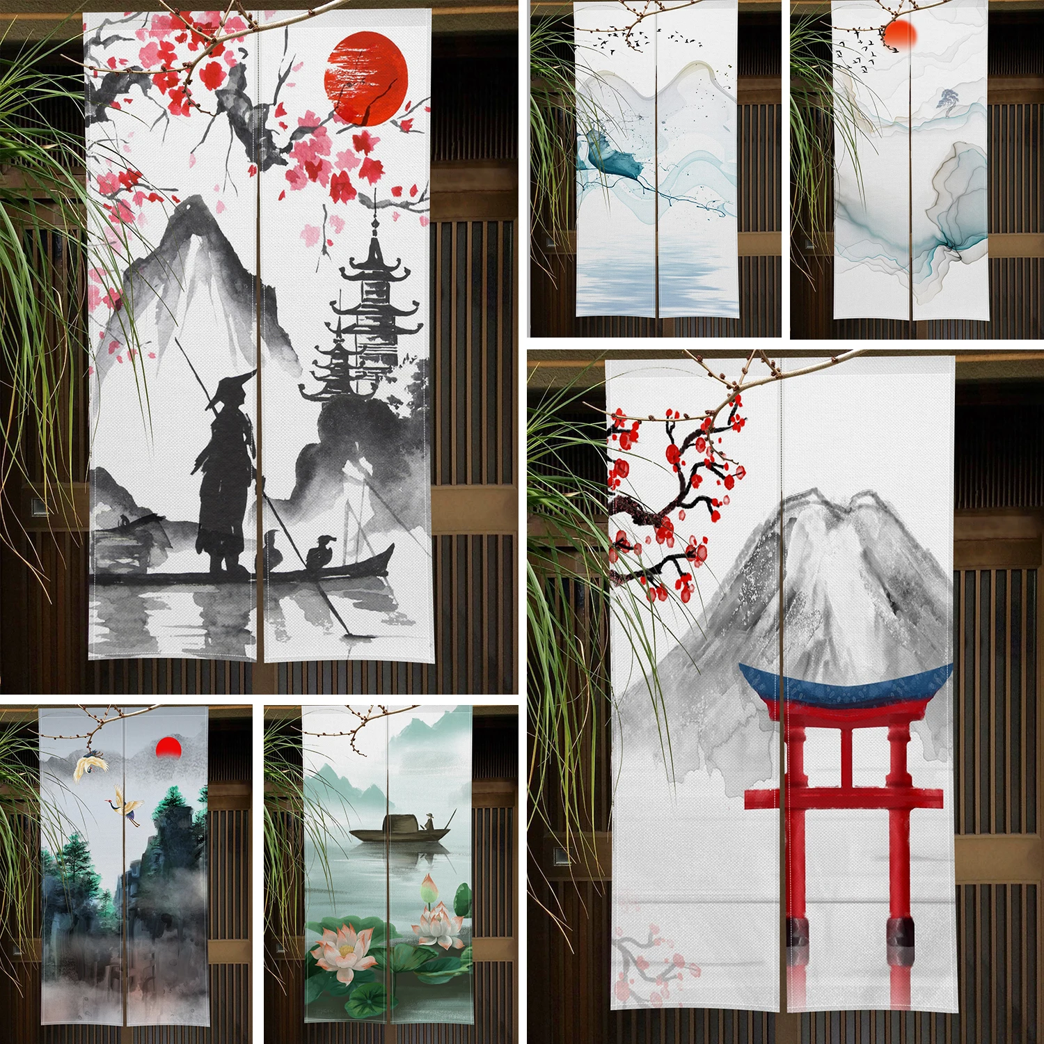 Japanese Plum Blossom Landscape Ink Door Curtain River Bamboo Sunset Nature Landscape Art Bedroom Partition Entrance Hanging