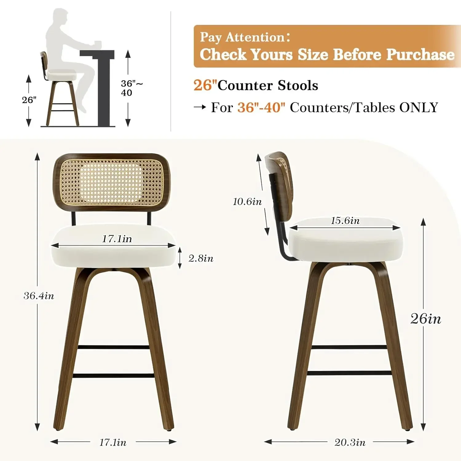 Swivel Counter Height Bar Stools Set of 3, Upholstered Faux Leather Barstools with Rattan Back, 26