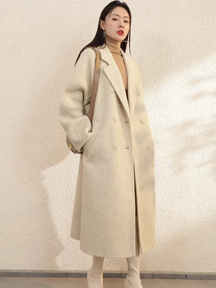 女性用カシミヤコート,グレーと両面,手織りラペル,ダブルブレスト