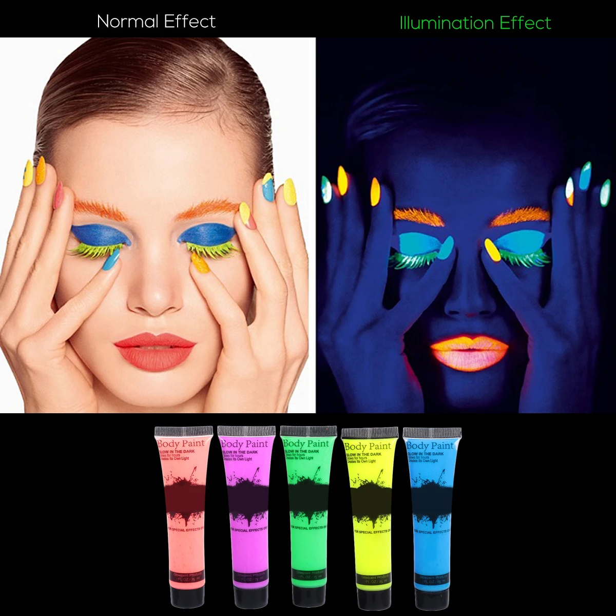 

5pcs Fluorescent Body Paint Uv Reactive Face Paints Safe Skin Washable Neon Party Festival Accessory For Adults Kids