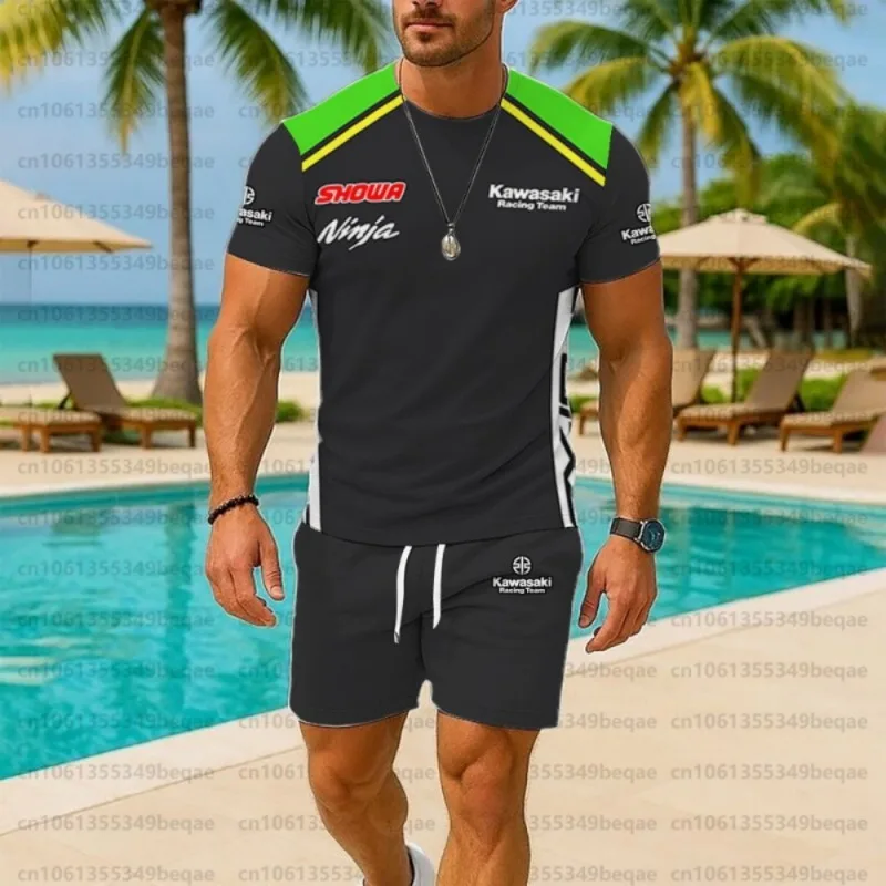 

Summer New Kawasaki Outdoor Rider Motorcycle Casual Sportswear Breathable T-shirt And Shorts 2025 Comfortable Cool Two-piece Set
