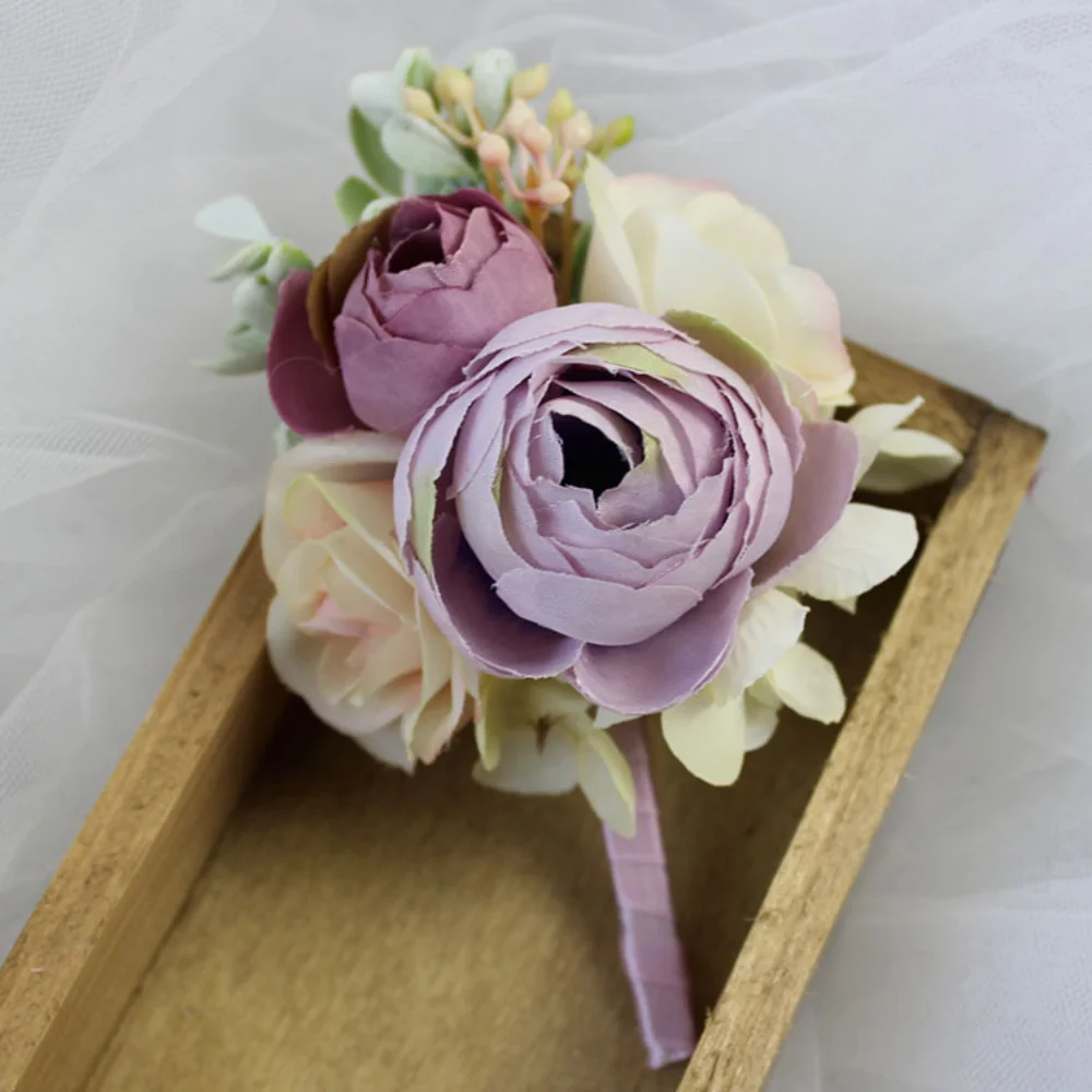 Women's Lilac Fake Flowers Wedding Boutonnieres for Bridal Silk Rose Pins Groomsmen damas de honor for Wedding Party Decor