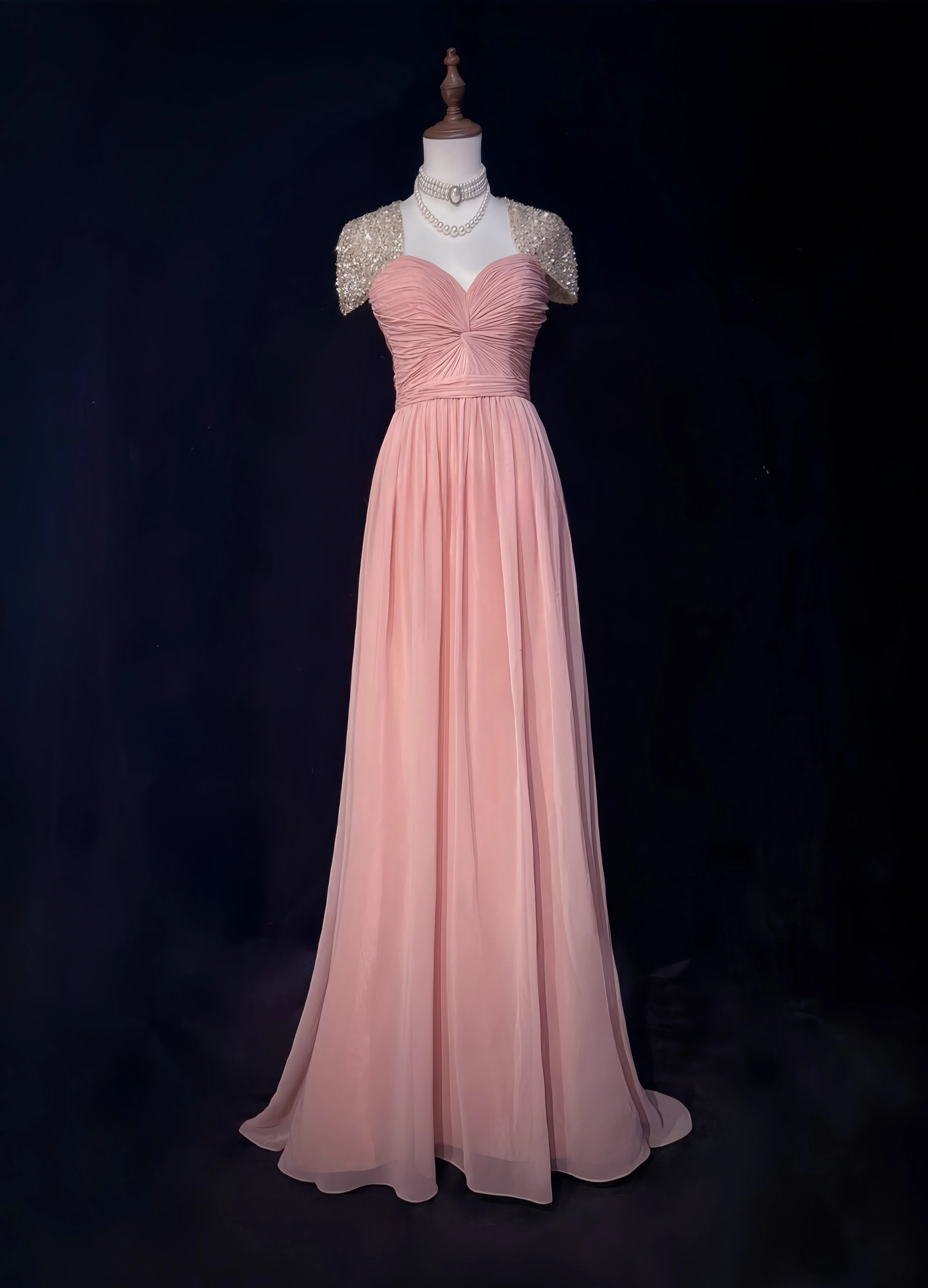 

Elegant Pink Prom Gown with Sequins Pearl A-Line Short Sleeve Sweetheart Neckline Pleated Celebrity Graduation Evening Gown