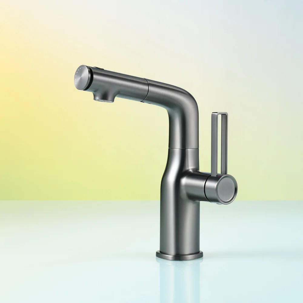 

Bathroom Pull Out Faucet Deck Mounted Single Handle Hot and Cold Mixer Tap One Hole 3 Modes Vanity Sink Faucets Gray