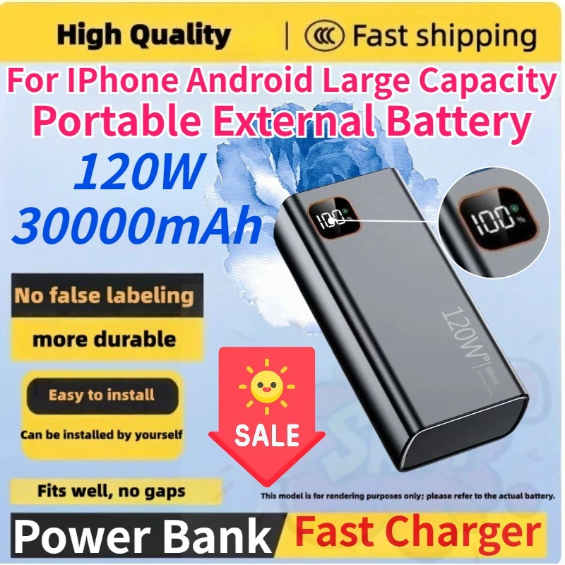 New 30000mAh 120W PD Digital Display Power Bank Large Capacity Portable External Battery for IPhone Android