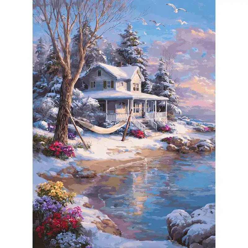 GATYZTORY Bild nach Zahlen, Winterhaus, DIY Malen nach Zahlen, Schneelandschaft, handgemaltes Weihnachtsgeschenk, Heimdekoration