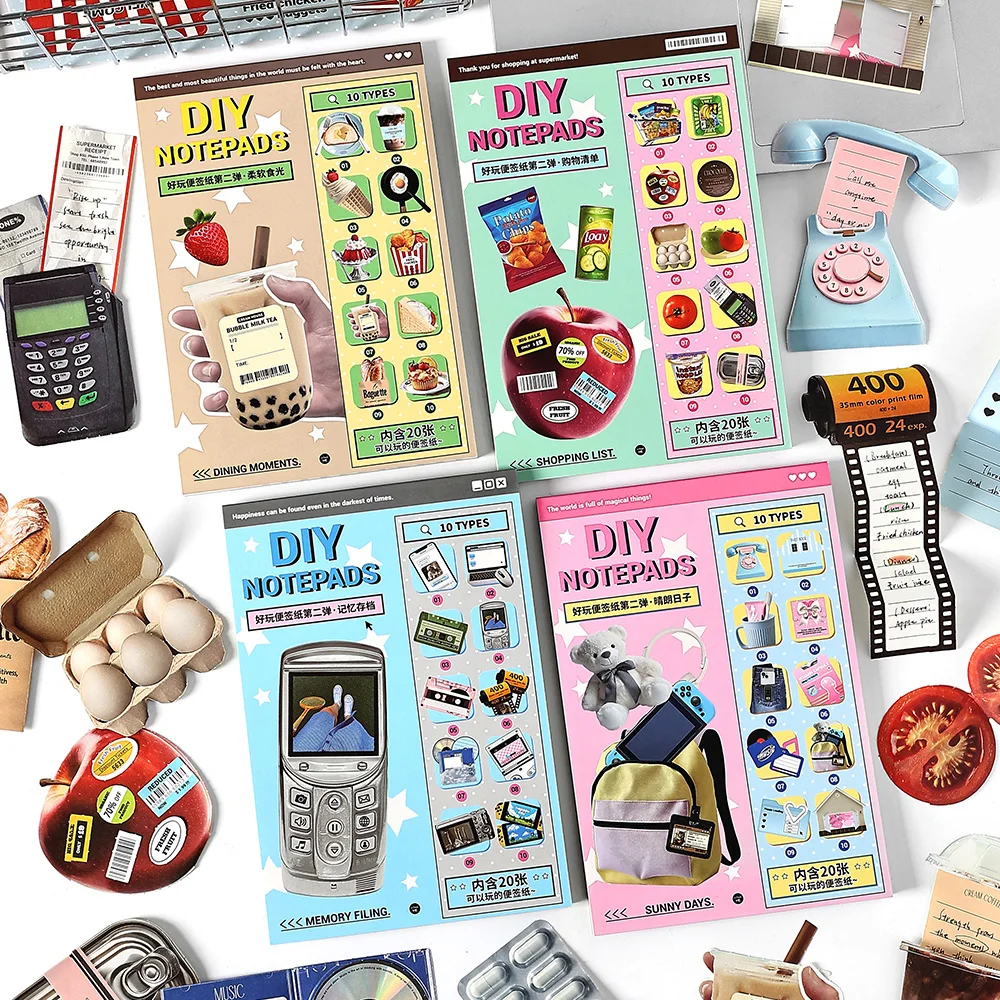 20 Sheets/Bag Can Write Sticky Note Creative Snack Dessert Fruit Daily Pattern Necessities Foldable Note for Message Greeting Ca