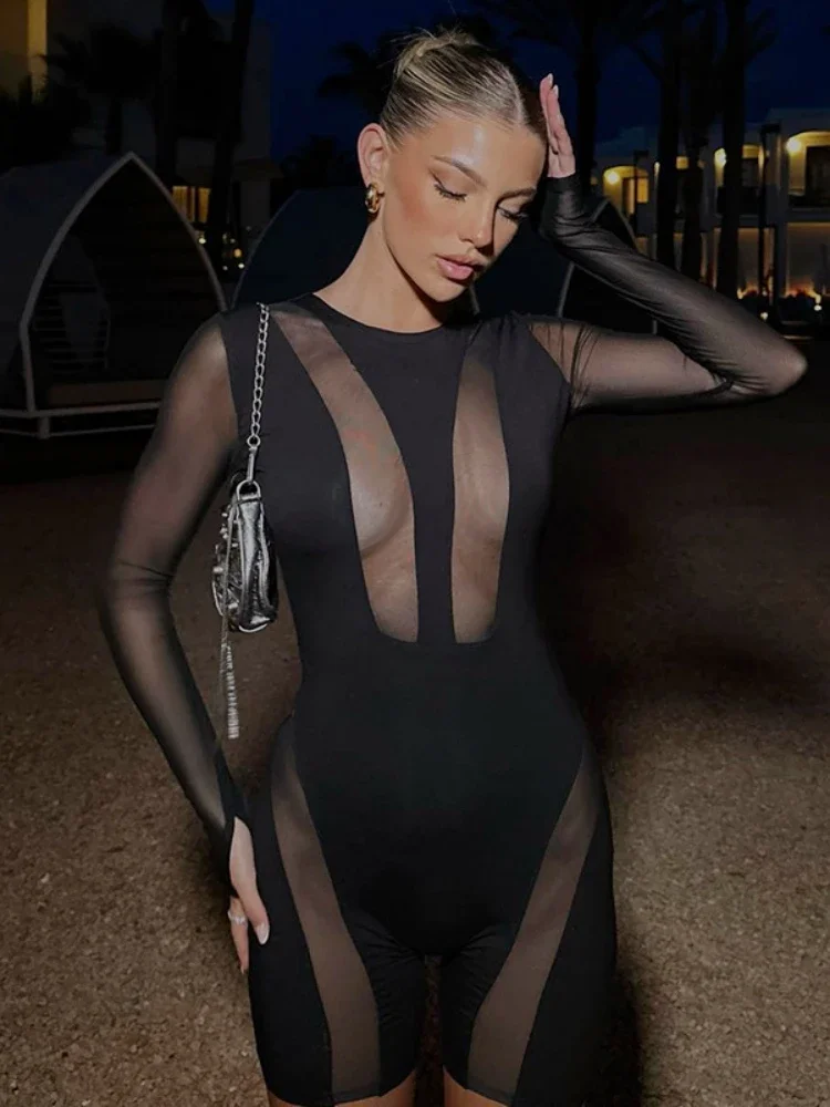 Fashion Round Neck Long Sleeve Jumpsuit Sexy Mesh Splicing Slightly Transparent Jumpsuits For Women One-Piece Y2k Women Clothes