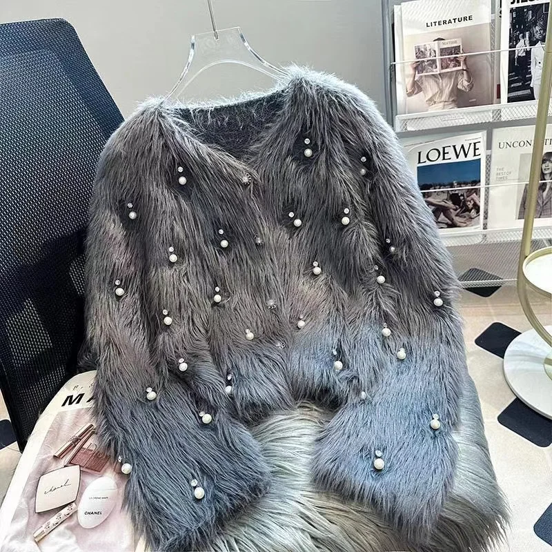 New In Autumn Diamonds Pearls Stitch Faux Fur Knitwear Coat Women\'s Imitation Mink Fleece Buttons Up Knitted Cardigan Sweater