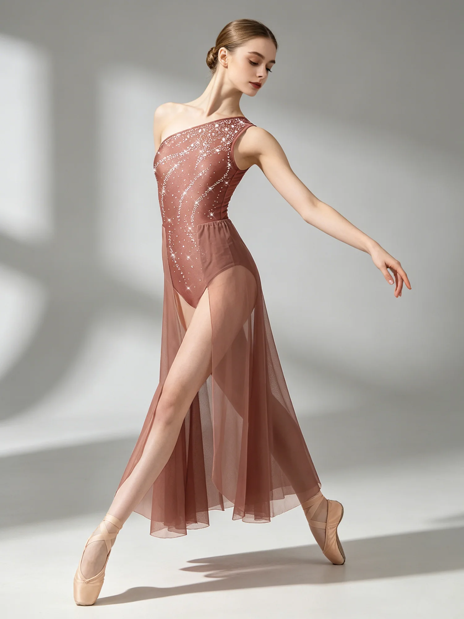 Women Ballet Dance Dress Lyrical Skating Dancewear Rhinestones Sleeveless One Shoulder Leotard Jumpsuit with Split Mesh Skirted