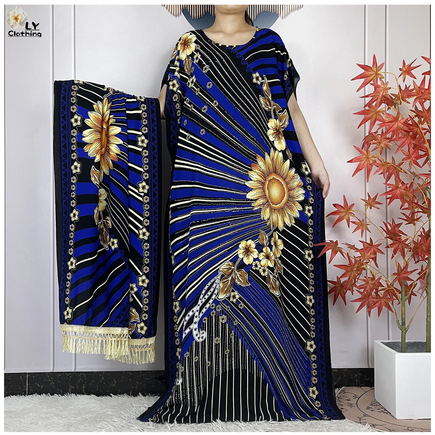 New Muslim Sets For Women Dress African Abaya Fashion Floral Print Cotton Dashiki Loose Femme Maxi Robe With Tassel Big Scarf