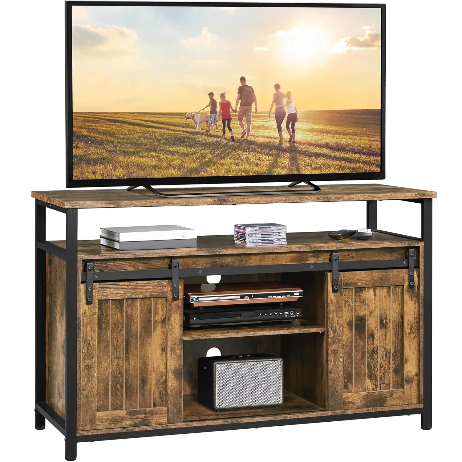 Farmhouse TV Stand for 55 Inch TV Sliding Barn Door Rustic Brown, Customized