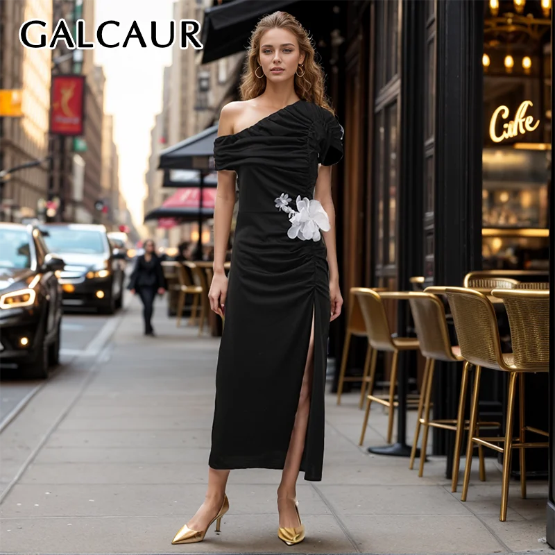 

GALCAUR Spliced Appliques Dresses For Women Off One Shoulder Short Sleeve High Waist High Waist Hit Color Folds Dress Female New