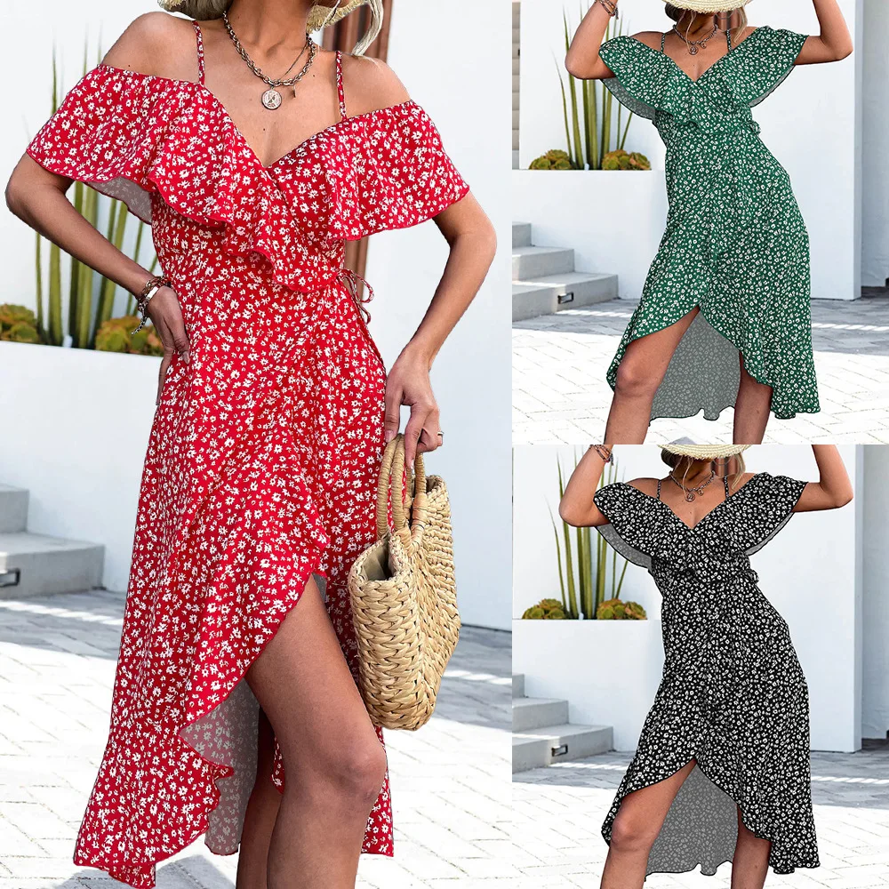 

New Ladies Spring Summer Sexy Straps Dress Women Green Off Shoulder Ruffles Casual Beach Dresses Female Floral Print Dress