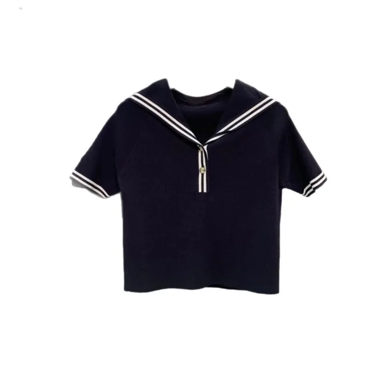 المعتاد بحار طوق قصيرة الأكمام رقيقة محبوك تي شيرت المرأة ضئيلة المرقعة كبيرة Sizebase قميص الصيف الإناث شيك الأزرق #3