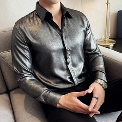 High End Bright Glossy Surface Shirts for Men Long Sleeved Slim Casual Handsome Men's Shirt Club Bar Stage Trendy Mens Clothing