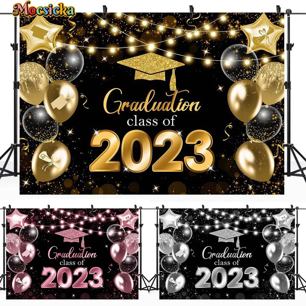 

Mocsicka Graduation Class of 2023 Glitter Backdrop Graduates Party Decor Bachelor Cap Balloon Photocall Background Studio Props
