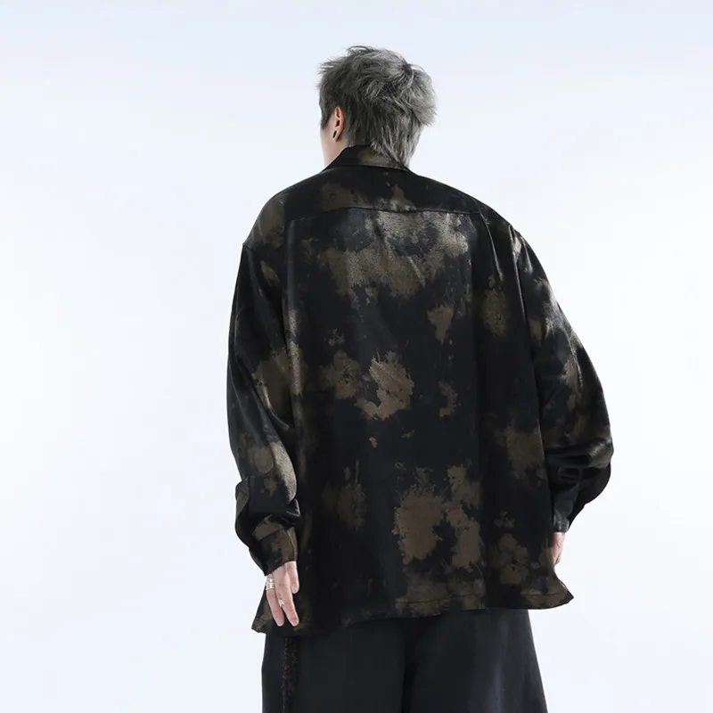 WVGA Spring Autumn New Men Ink-Splattered Vintage Artistic Loose-Fit Trendy Long Sleeved Shirt Niche Chic Casual Tops Ins W26204